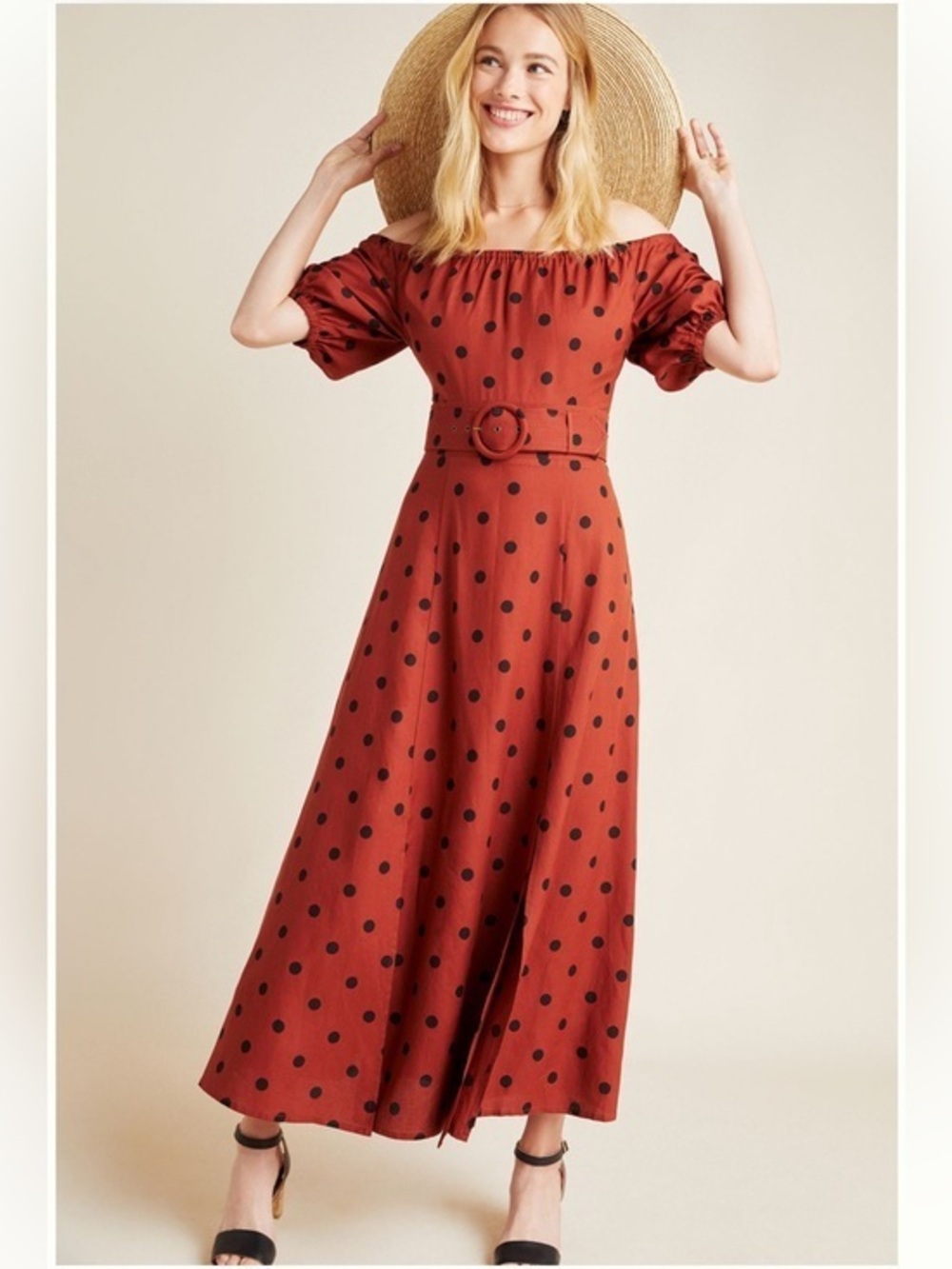 💋Anthropologie Rust Polka Dot Off-the-Shoulder Maxi Dress with Belt